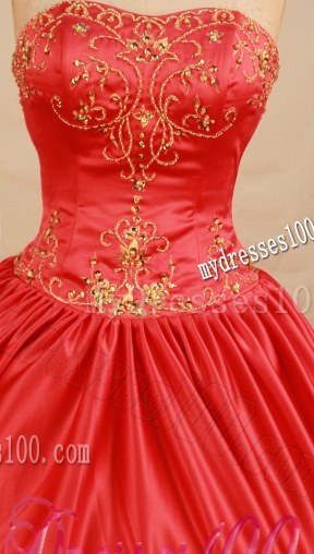Red Satin Ball Gown Quince Dress with Gold Embroidery for Cheap